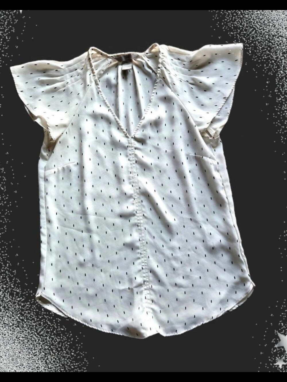 Ivory White Black Dash Print Flutter Sleeve Blouse
